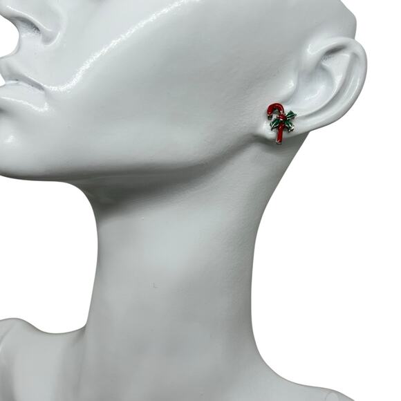 Vintage Holiday Candy Cane Stud Earrings - Christmas Festive Jewelry - Picture 2 of 7